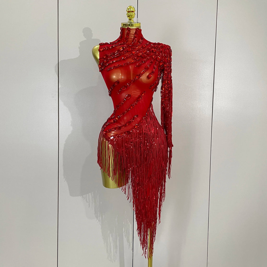 STOCK Sparkly Rhinestones Tassel Sexy See-Through Dress Women One Shoulder Latin Dance Outfits Bar Nightclub Party Stage Costume