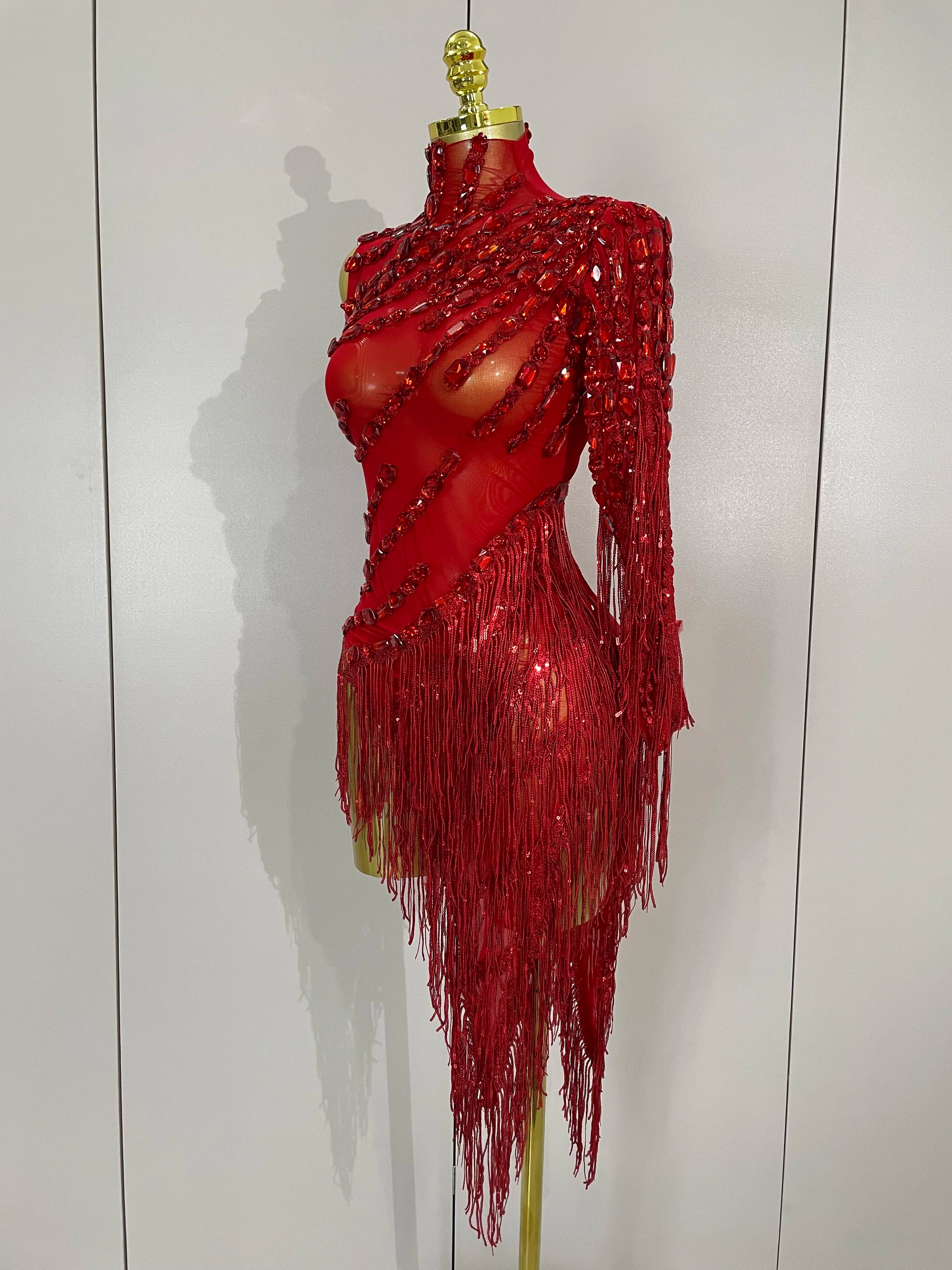 STOCK Sparkly Rhinestones Tassel Sexy See-Through Dress Women One Shoulder Latin Dance Outfits Bar Nightclub Party Stage Costume