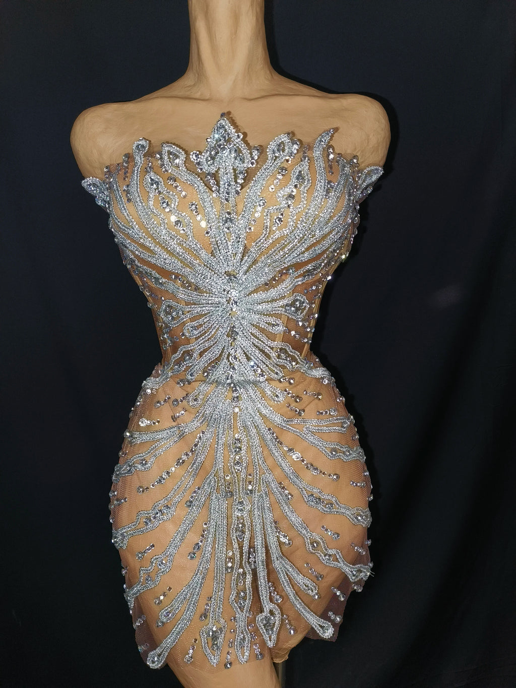 Women Sexy See Through Mesh Strapless Crystal Diamonds Costume Stage Dancer Singer Fancy Night Club Mini Party Dress