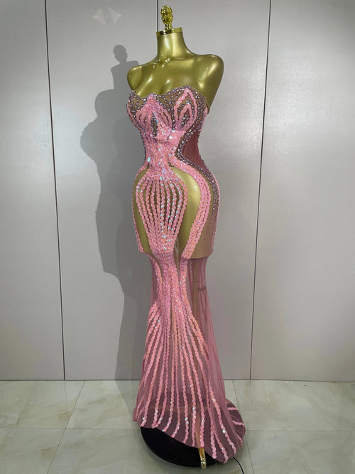 2026 Sexy Sparkly Pink Rhinetones Sequins Strapless Mesh Sheer Long Dress Birthday Evening Celebrate Party Nightclub Stage Wear