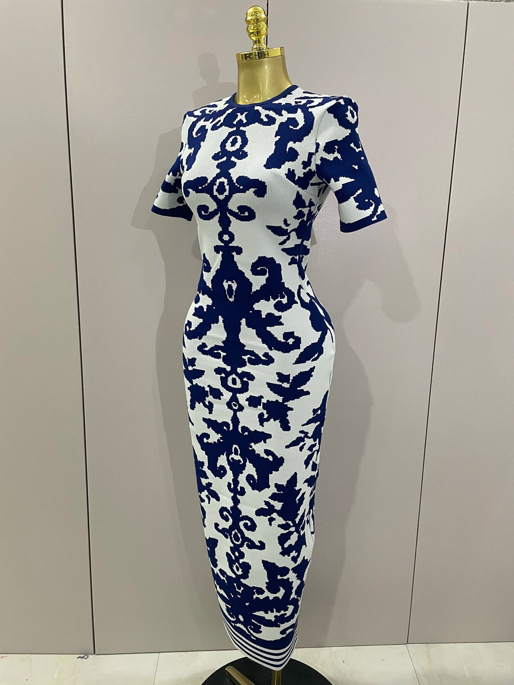 2025 New Sexy Short Sleeve Jacquard Blue Bandage Bodycon Long Dress Women Celebrity Elegant Evening Club Party Luxury Dresses
