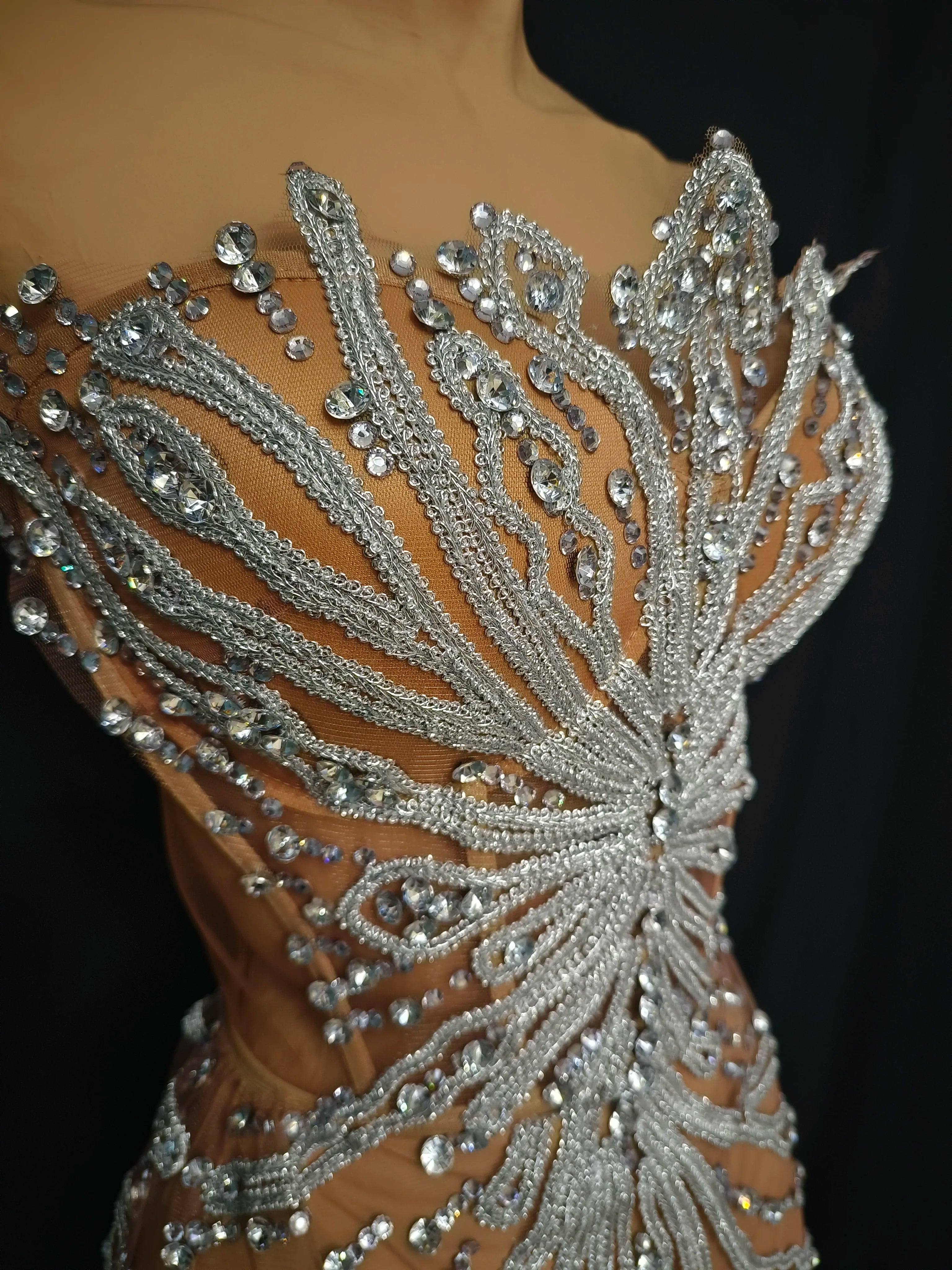 Women Sexy See Through Mesh Strapless Crystal Diamonds Costume Stage Dancer Singer Fancy Night Club Mini Party Dress