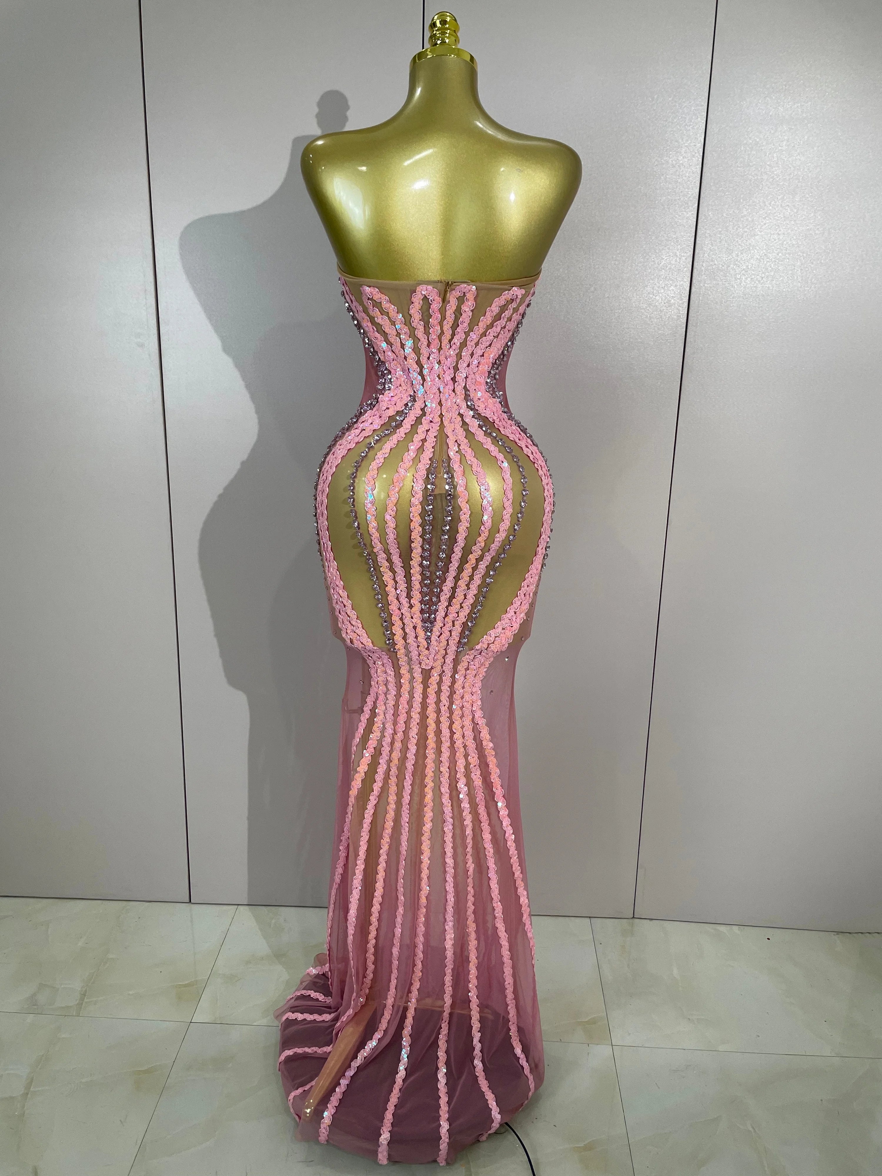 2026 Sexy Sparkly Pink Rhinetones Sequins Strapless Mesh Sheer Long Dress Birthday Evening Celebrate Party Nightclub Stage Wear