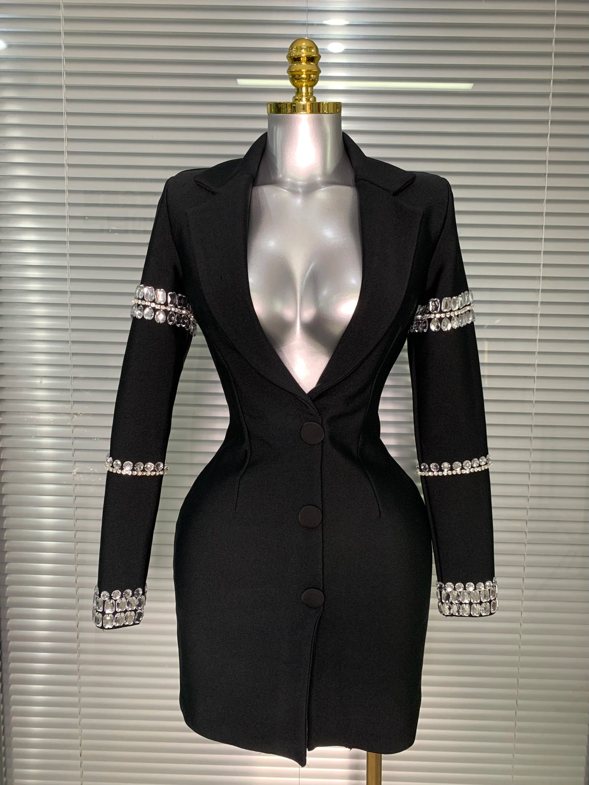 Brand New 2025 Women Sexy Deep V Neck Long Sleeve Beaded Blazer Bandage Dress Elegant Evening High Street Party Dress