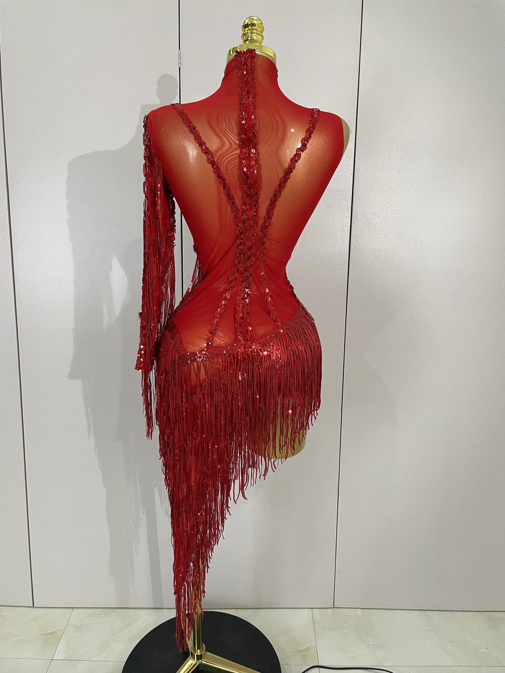 STOCK Sparkly Rhinestones Tassel Sexy See-Through Dress Women One Shoulder Latin Dance Outfits Bar Nightclub Party Stage Costume