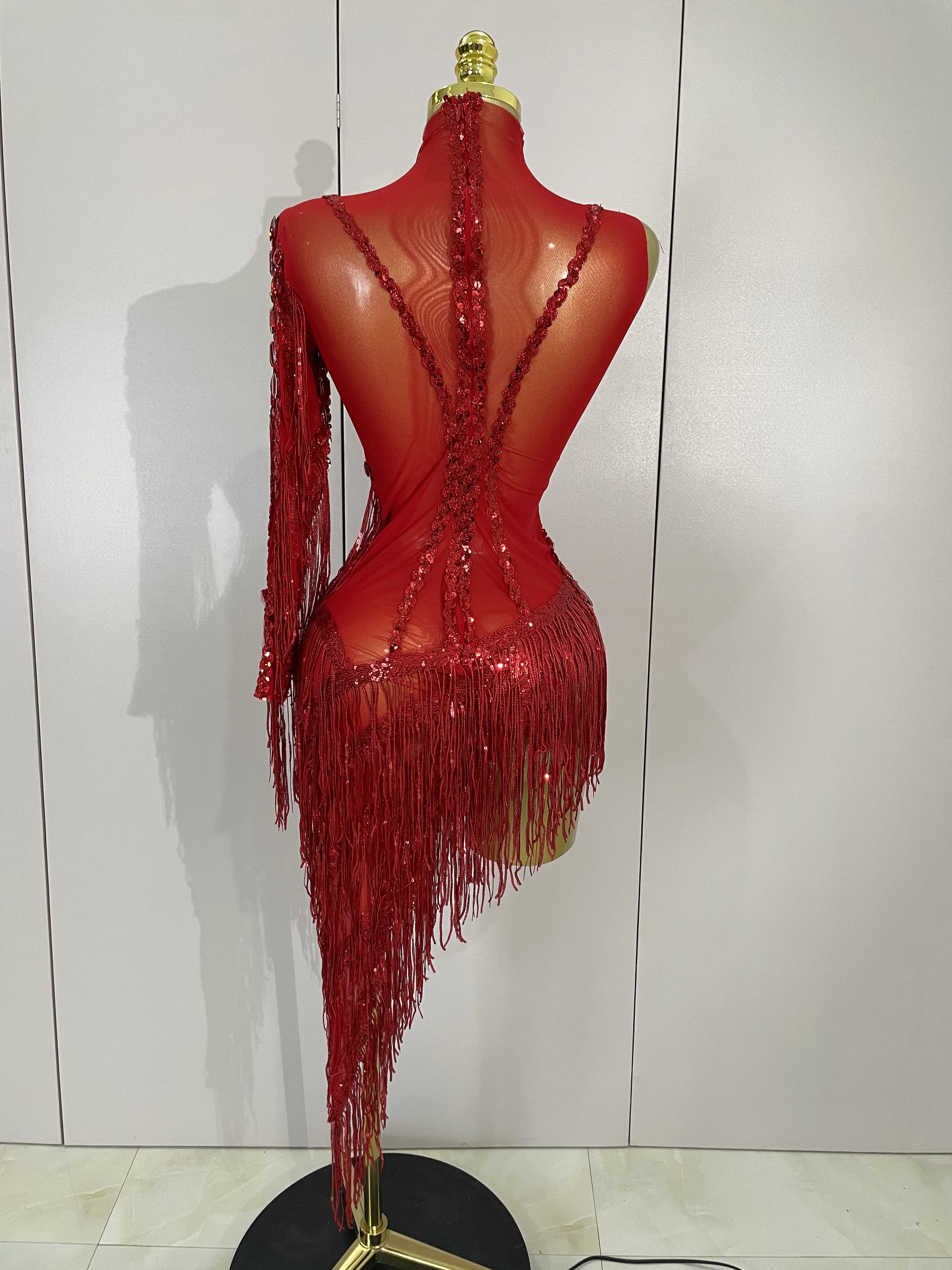 STOCK Sparkly Rhinestones Tassel Sexy See-Through Dress Women One Shoulder Latin Dance Outfits Bar Nightclub Party Stage Costume